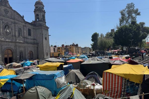 Encampment outside La Iglesia de la Soledad in Mexico City, Mexico from March 2024.