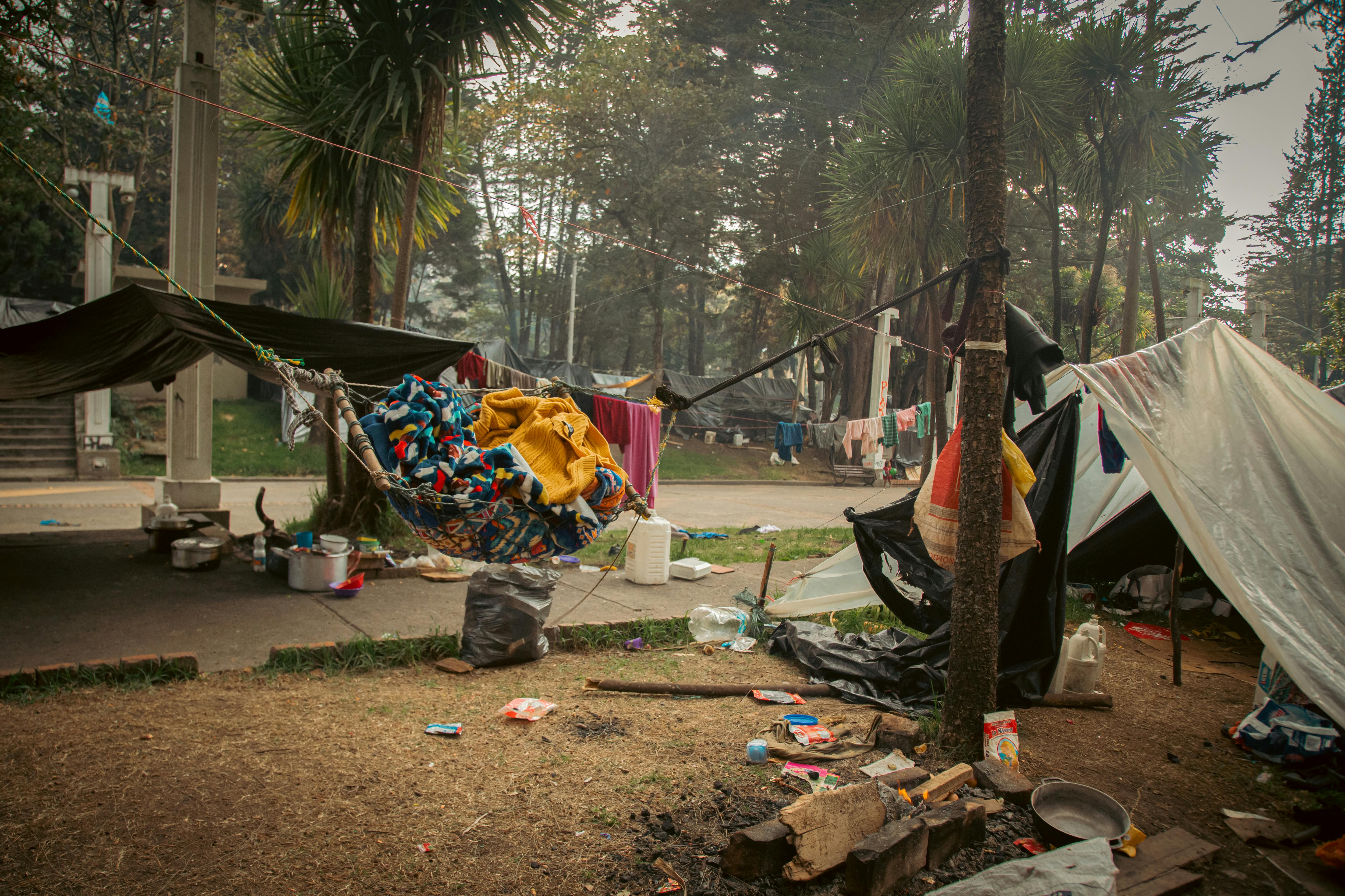 Tent and campsite after hurricane in Bogota, Columbia