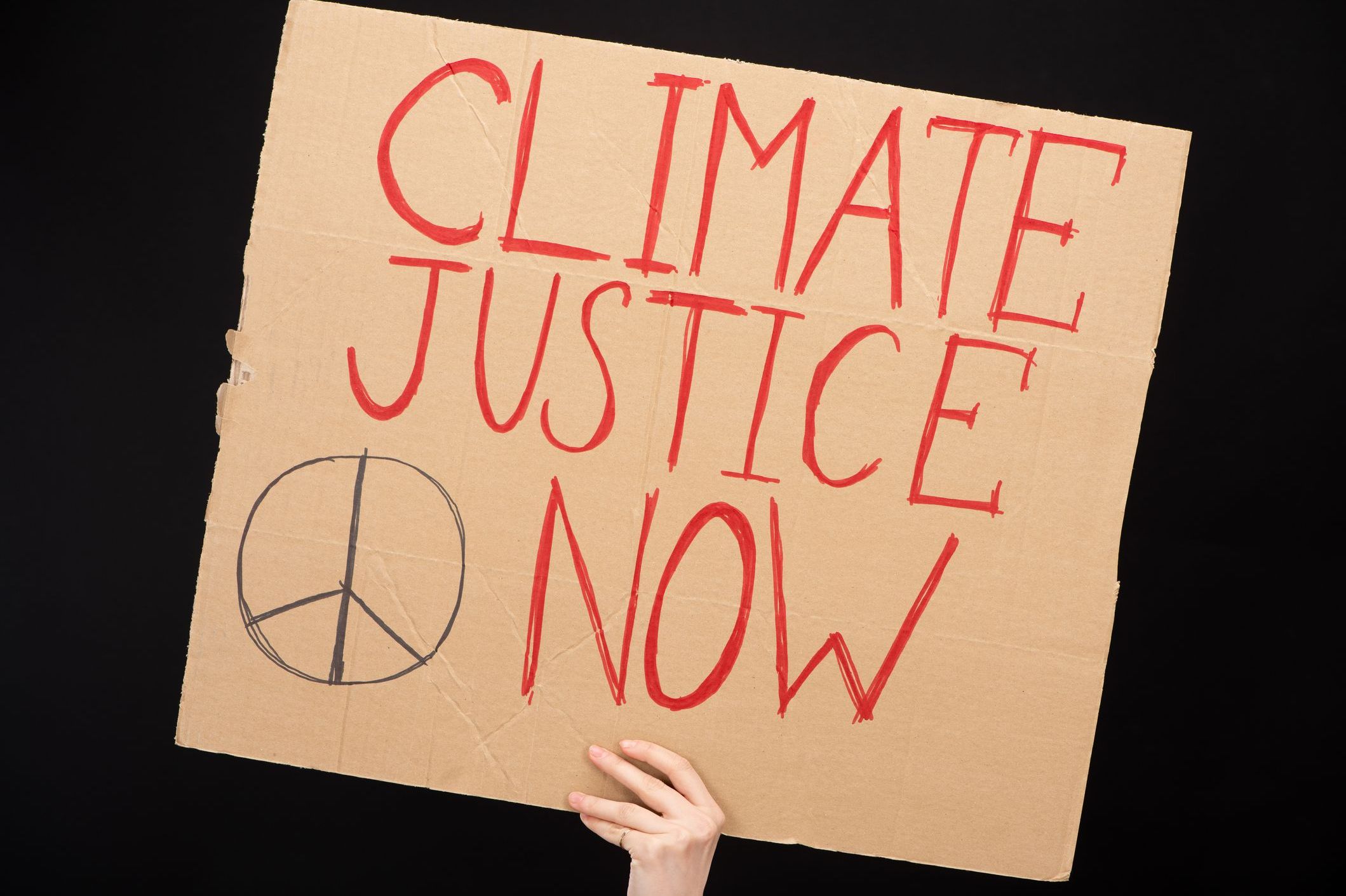 Partial view of woman holding cardboard sign with climate justice now lettering isolated on black background